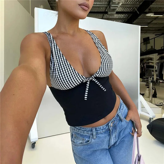 Gingham Patchwork Deep V-Neck Front Tie Sleeveless Crop Top