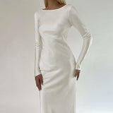 White Satin Long Sleeve Backless Maxi Dress
