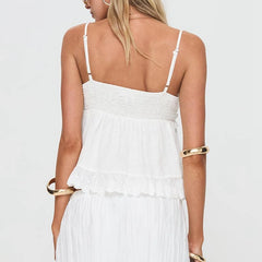 V-Neck Embroidery Smocked Babydoll Top