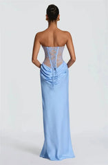 Strapless Lace Corset Satin Drape Maxi Dress