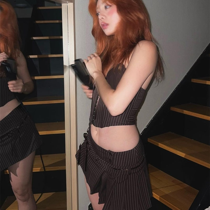 Brown Stripe Print Cami Top And Mini Skirt Set