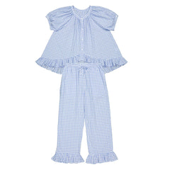 Blue checkered top and pants set on a white background