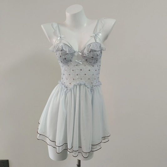 Dotted Bow Strappy Tulle Mesh Night Dress