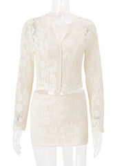 White Lace Sheer Shirt And Mini Skirt Set