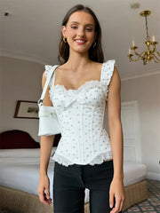 White Bow Ruffled Strap Dotted Corset Top