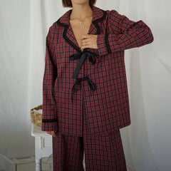 Gingham Bow Tie Long Sleeve Shirt And Pants Pajama Sets