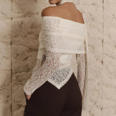 Off Shoulder Lace Long Sleeve Top With Scarf