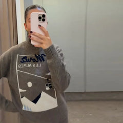 Grey High Neck Skit Printed Sweater