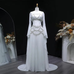 Cape Sleeve Chiffon Tiered Petals Sequined Pearl Embellished Gown