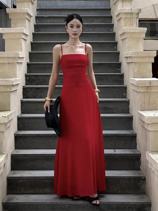 Red Lace-up Spaghetti Strap Maxi Dress