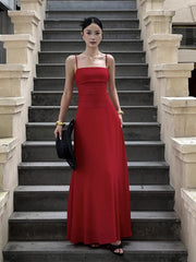 Red Lace-up Spaghetti Strap Maxi Dress
