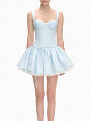 Blue Tie Up Lace Hem Corset Mini Dress