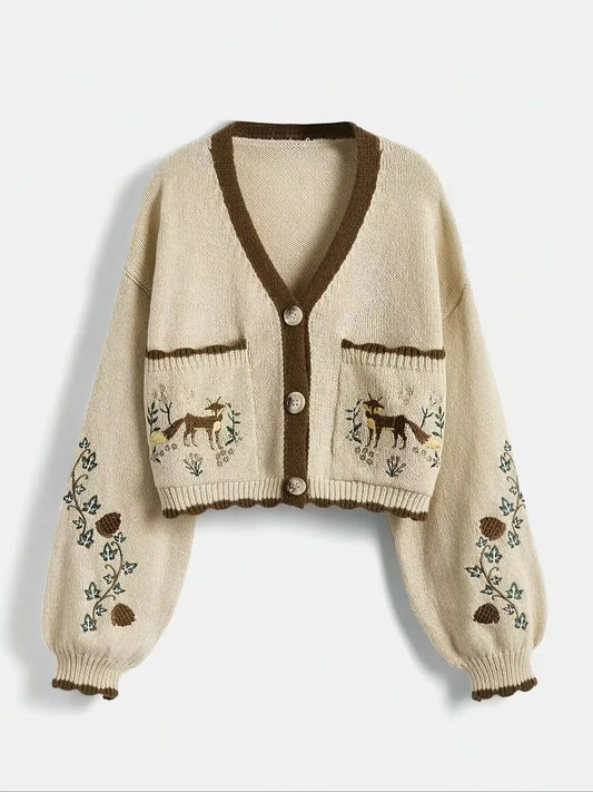 Fox Embroidery Cropped Open Front Cardigan