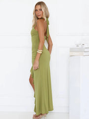 Halter Knot Waist Ruffle Hem Midi Dress