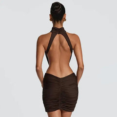 Bodycon Ruched Open-Back High-Neck Mini Dress