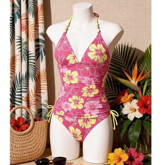 Pink Floral Bead Halter Side Lace Up Bathing Suit  Bikini Set