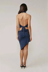 Navy Blue Halter Neck Drawstring Asymmetrical Top And Mini Skirt Set