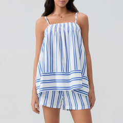 Blue Striped Cami Babydoll Top And Shorts Set