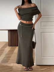 Ribbed Off-Shoulder Top And Maxi Skirt Set