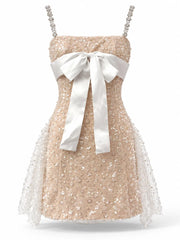 Sequin Layered Bow Dimond Strap A-Line Mini Dress