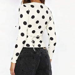 White Polka Dot Tie-up Front Long Sleeve Top