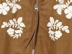 Faux Suede Floral Embroidery Stand Collar Zip‑Up Bomber Jacket