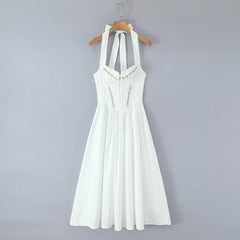 White Embroidery Flower Lapel Bow Halter Midi Dress