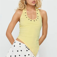Halter Neck  Eyelet Detail Asymmetrical Hem Tank Top