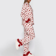 Satin Fur Trim Long Sleeve Printed Top And Pants Sleepwear Set