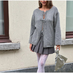 Grey Reversible Tie Knitted Cardigan