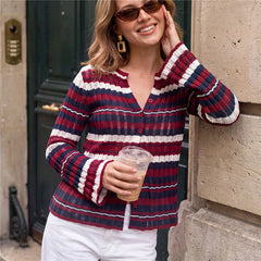 Striped Ribbed Distressed Long Flare Sleeve Button Top