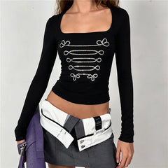 Black Square Neck Rhinestone Desgin Crop Top