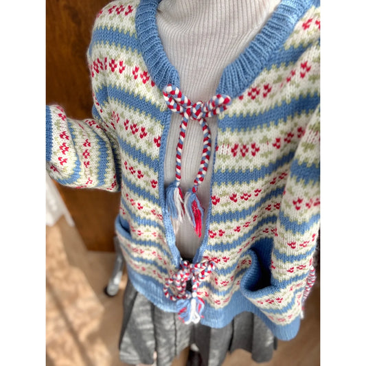 Blue Striped Jacquard Lace-up Cardigan