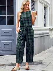 Printed Plaid Sleeveless Vest And Wide Pants Set