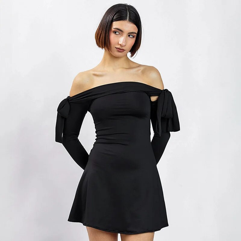 Black Off-shoulder Bow Long Sleeve Mini Dress