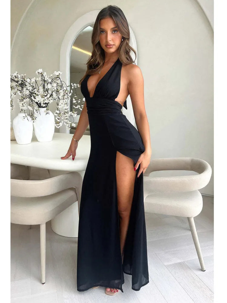 Black Sleeveless Open Back High Split Lace Up Maxi Dress