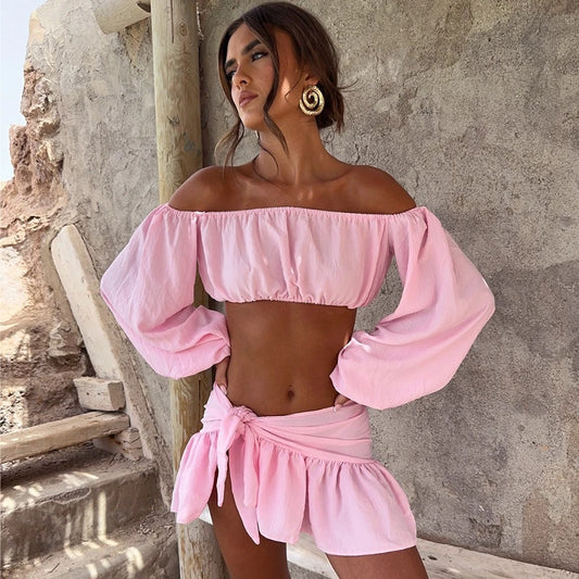 Pink One-Shoulder Puff Sleeve Crop Top And Mini Skirt Set