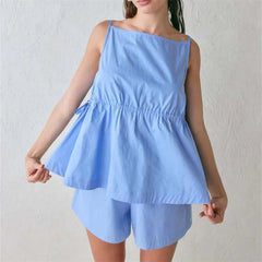 Striped Sleeveless Peplum Top and Shorts Set