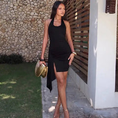 Halter U Neck Side Ruched High Split Mini Dress