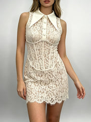 Lace Sleeveless Button Up Mini Dress