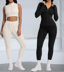 Two people wearing white and black athletic outfits 