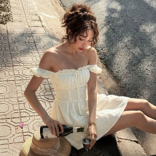 Off-Shoulder Eyelet Embroidery Corset A-Line Mini Dress