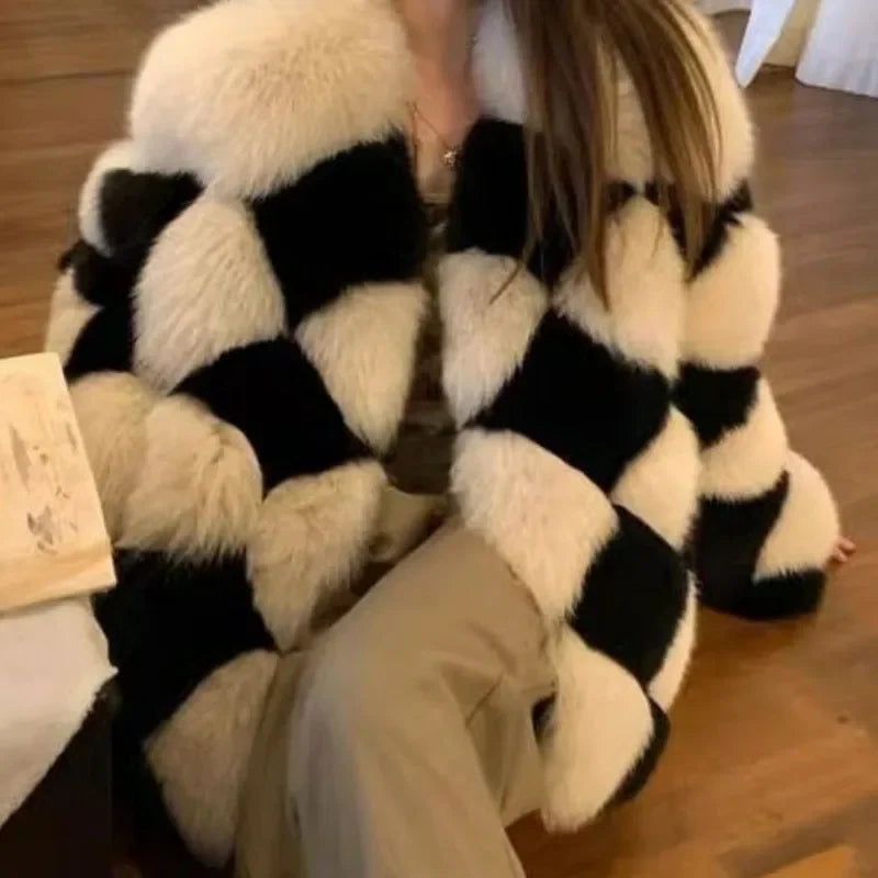 Checkerboard Faux Fur Coat