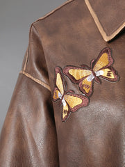 Brown Embroidery Butterfly Faux Leather Bomber Jacket