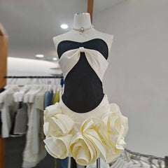 Black Satin Strapless Croset Top And 3d Frill Flower Mini Skirt Two-Piece Set