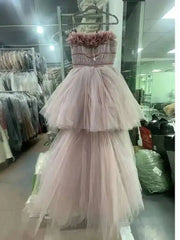 Pink 3D Flower Strapless Multi-Layer Tulle Maxi Dress
