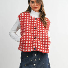 Fleece Plaid Pattern Full Button Down Vest with Pockets