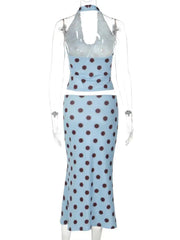 Blue Polka Dot Halter Drawstring Ruched Top And Midi Skirt Set