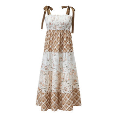 Strappy Tie-Up Smocked Printed Patchwork Maxi Dress