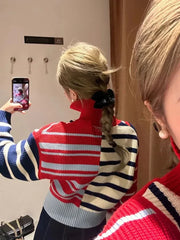 Striped Knit High Collar Half Zipper Pullover Sweatshirt
